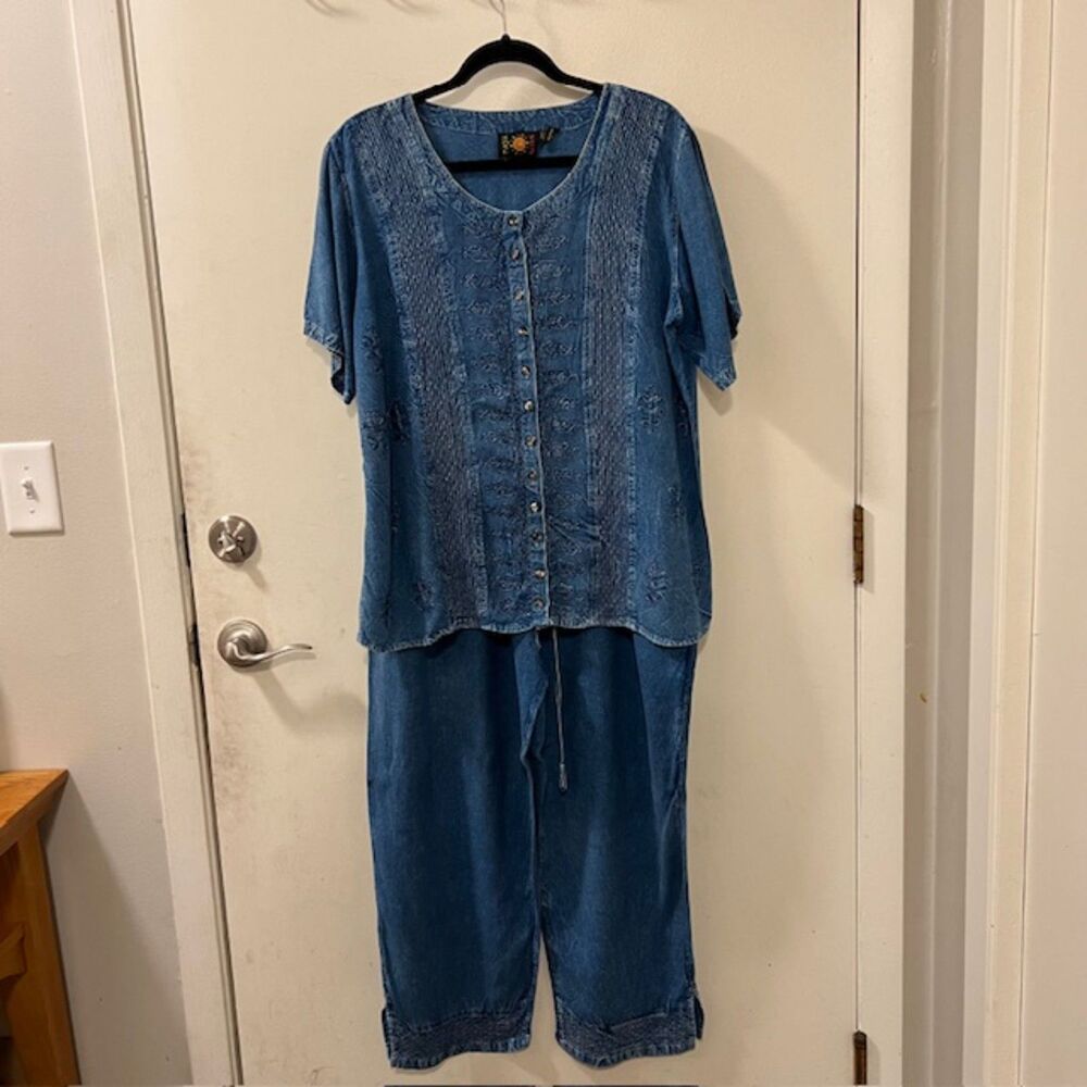 Raya Sun Womens Blue Chambray Cropped Cotton Rayon Pant Set Elastic Waist Sz 2X - Picture 4 of 14